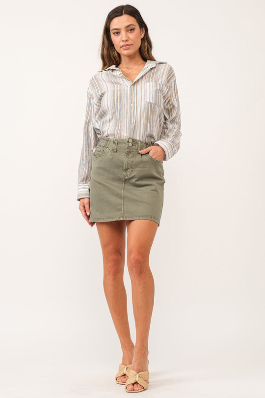 image of a female model wearing a QUINN SUPER HIGH RISE SKIRT OLIVE DEAR JOHN DENIM 