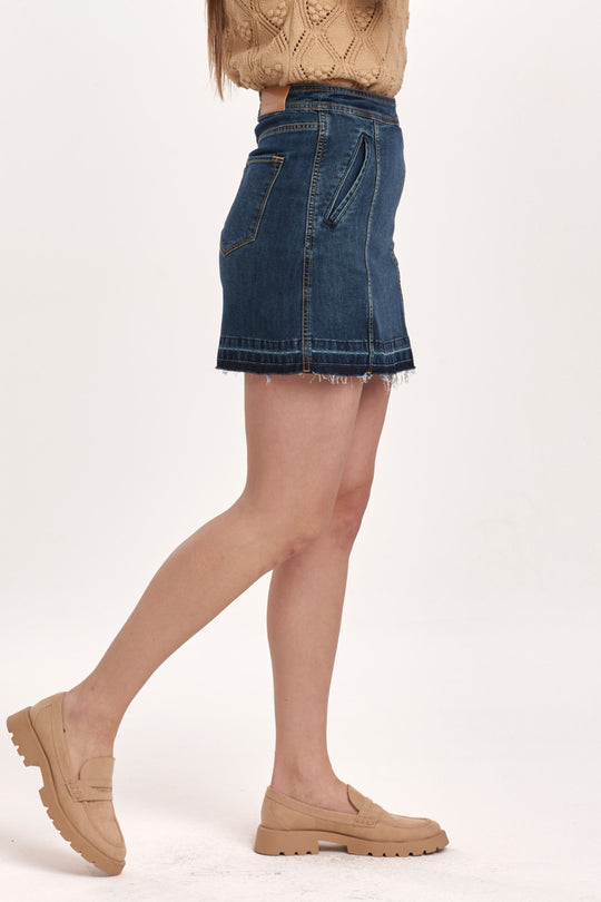 image of a female model wearing a QUINN SUPER HIGH RISE SKIRT GATLINBURG DEAR JOHN DENIM 