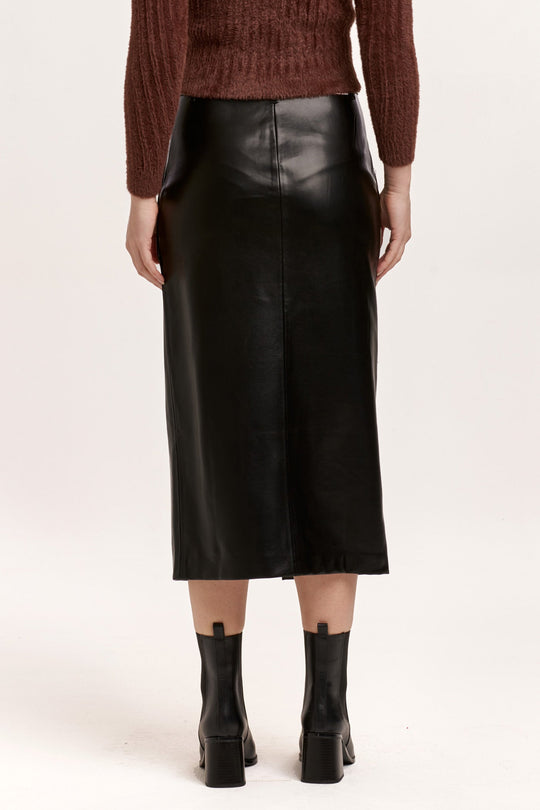 image of a female model wearing a SIA BALLERINA LENGTH SKIRT BLACK VEGAN LEATHER DEAR JOHN DENIM 