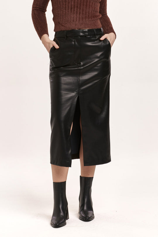 image of a female model wearing a SIA BALLERINA LENGTH SKIRT BLACK VEGAN LEATHER DEAR JOHN DENIM 