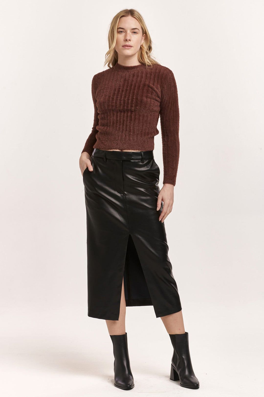 image of a female model wearing a SIA BALLERINA LENGTH SKIRT BLACK VEGAN LEATHER DEAR JOHN DENIM 