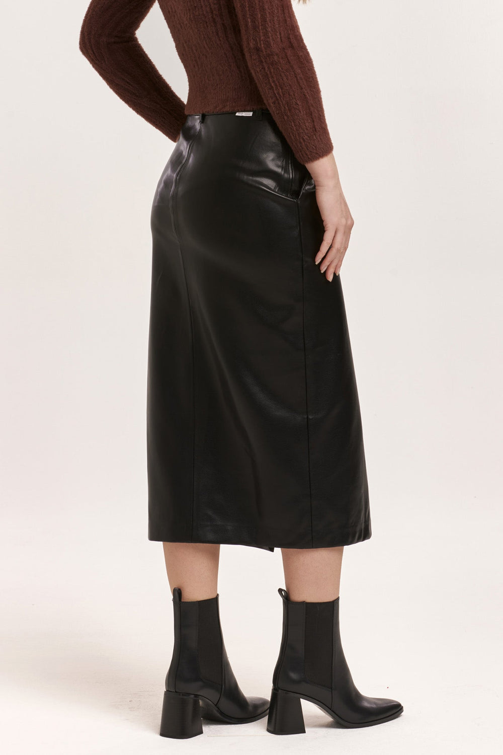 image of a female model wearing a SIA BALLERINA LENGTH SKIRT BLACK VEGAN LEATHER DEAR JOHN DENIM 