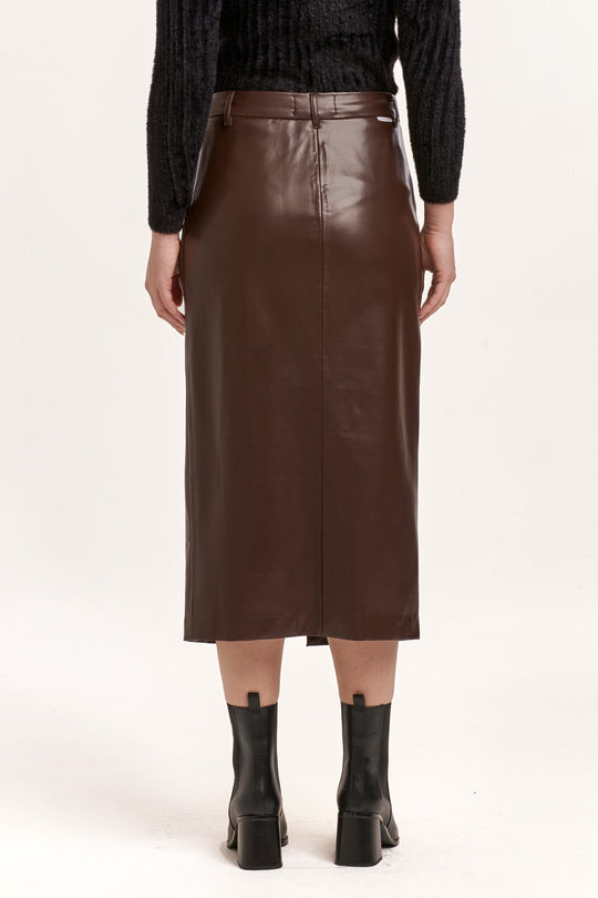 image of a female model wearing a SIA BALLERINA LENGTH SKIRT GROUND COFFEE VEGAN LEATHER DEAR JOHN DENIM 