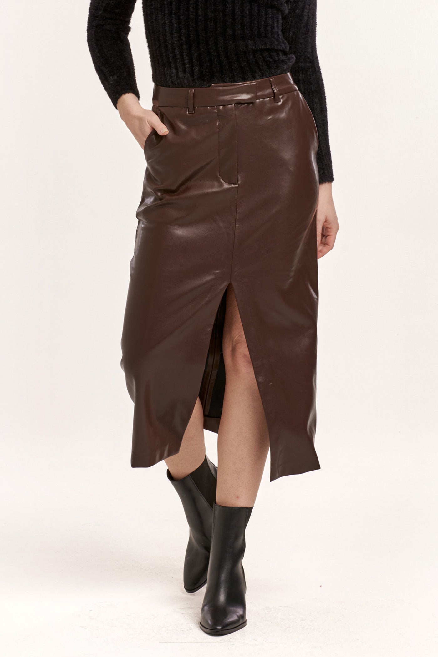 image of a female model wearing a SIA BALLERINA LENGTH SKIRT GROUND COFFEE VEGAN LEATHER DEAR JOHN DENIM 