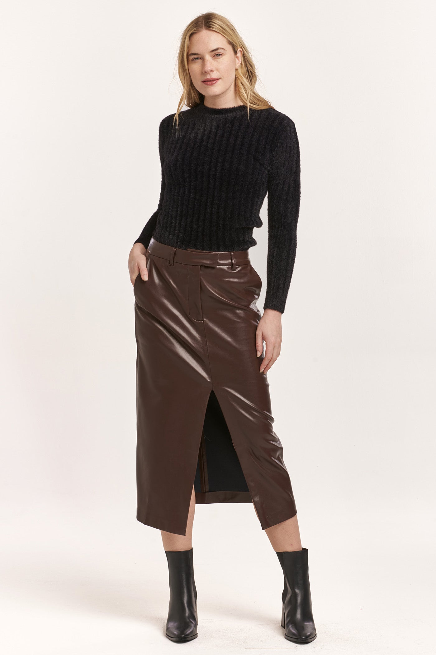 image of a female model wearing a SIA BALLERINA LENGTH SKIRT GROUND COFFEE VEGAN LEATHER DEAR JOHN DENIM 