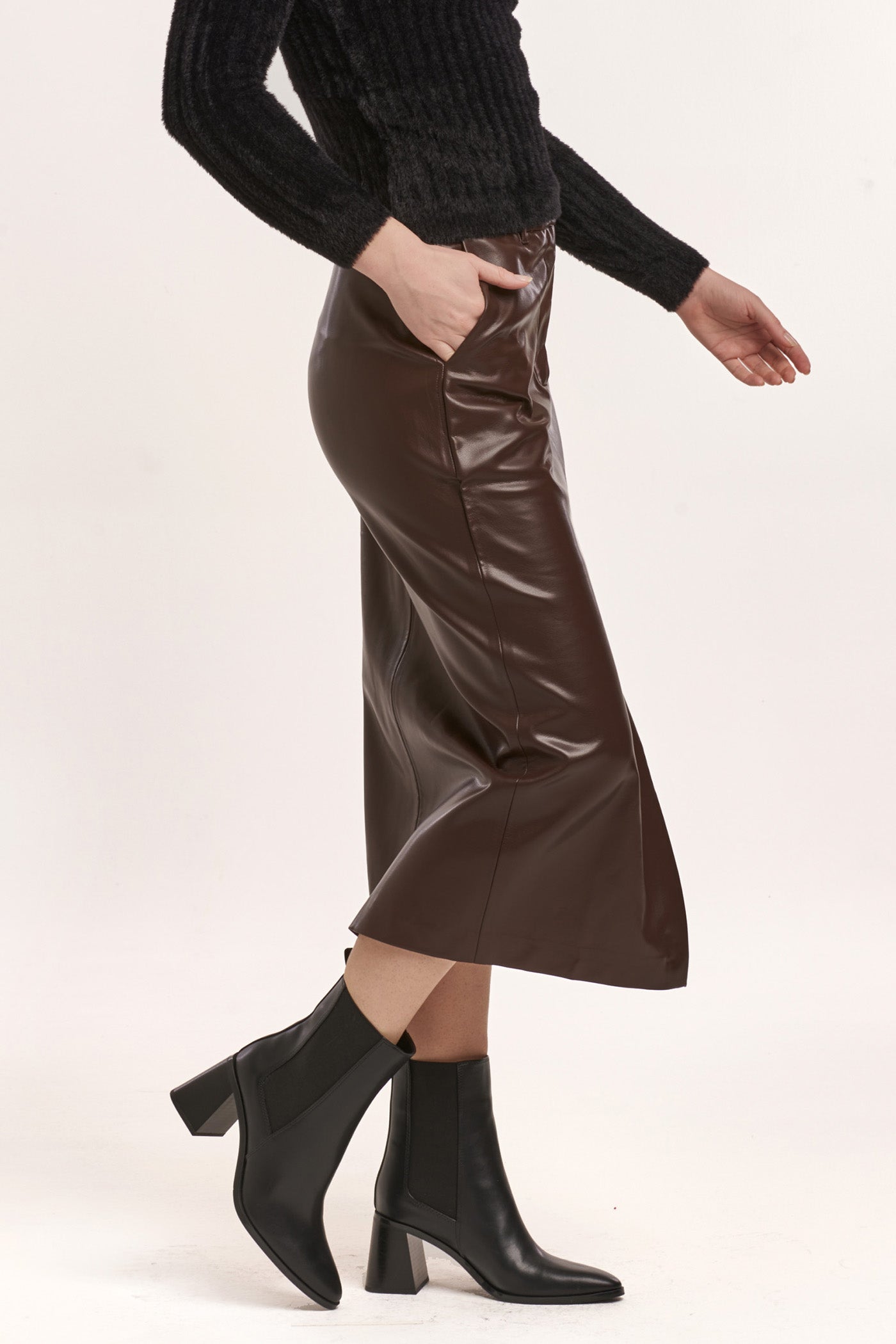 image of a female model wearing a SIA BALLERINA LENGTH SKIRT GROUND COFFEE VEGAN LEATHER DEAR JOHN DENIM 