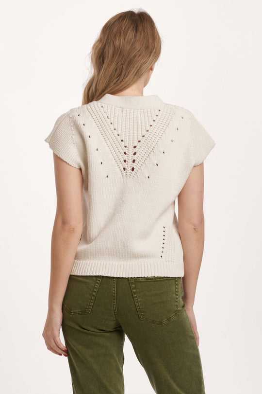 image of a female model wearing a UNA CROCHET DETAIL SWEATER IVORY DEAR JOHN DENIM 