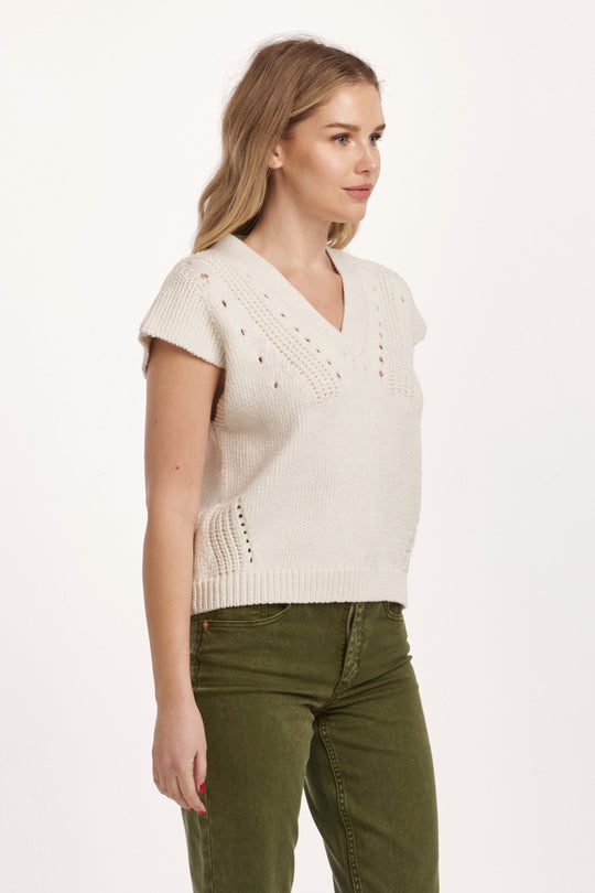 image of a female model wearing a UNA CROCHET DETAIL SWEATER IVORY DEAR JOHN DENIM 