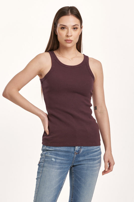 image of a female model wearing a TAMIA RACER TANK MIDNIGHT PLUM DEAR JOHN DENIM 