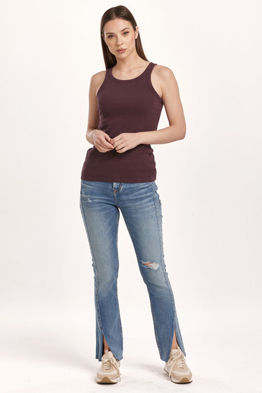 image of a female model wearing a TAMIA RACER TANK MIDNIGHT PLUM DEAR JOHN DENIM 