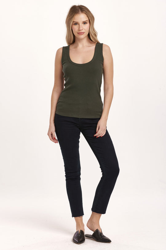 image of a female model wearing a PAULA SCOOP TANK DEEP EMERALD DEAR JOHN DENIM 