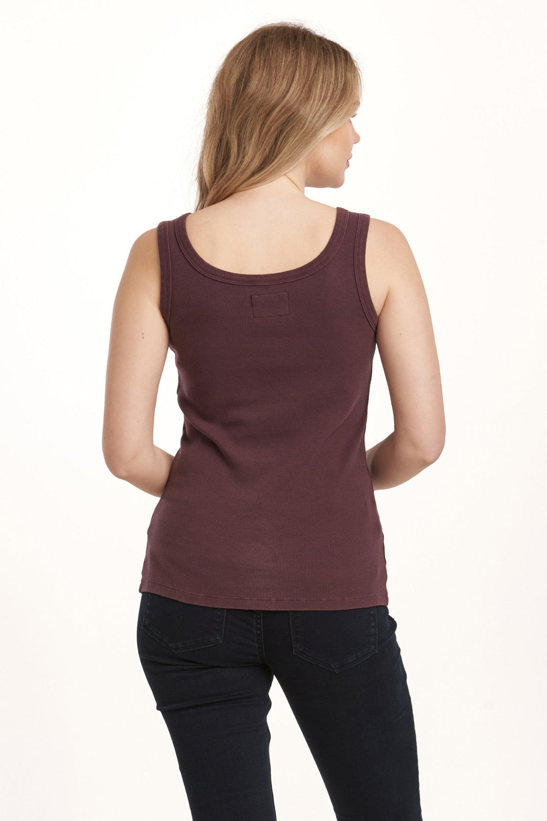 image of a female model wearing a PAULA SCOOP TANK MIDNIGHT PLUM DEAR JOHN DENIM 