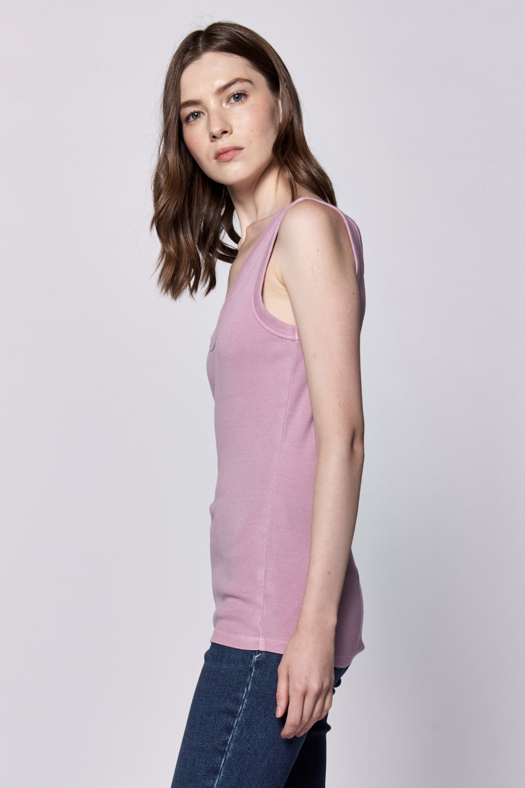 image of a female model wearing a PAULA SCOOP TANK ORCHID SMOKE DEAR JOHN DENIM 