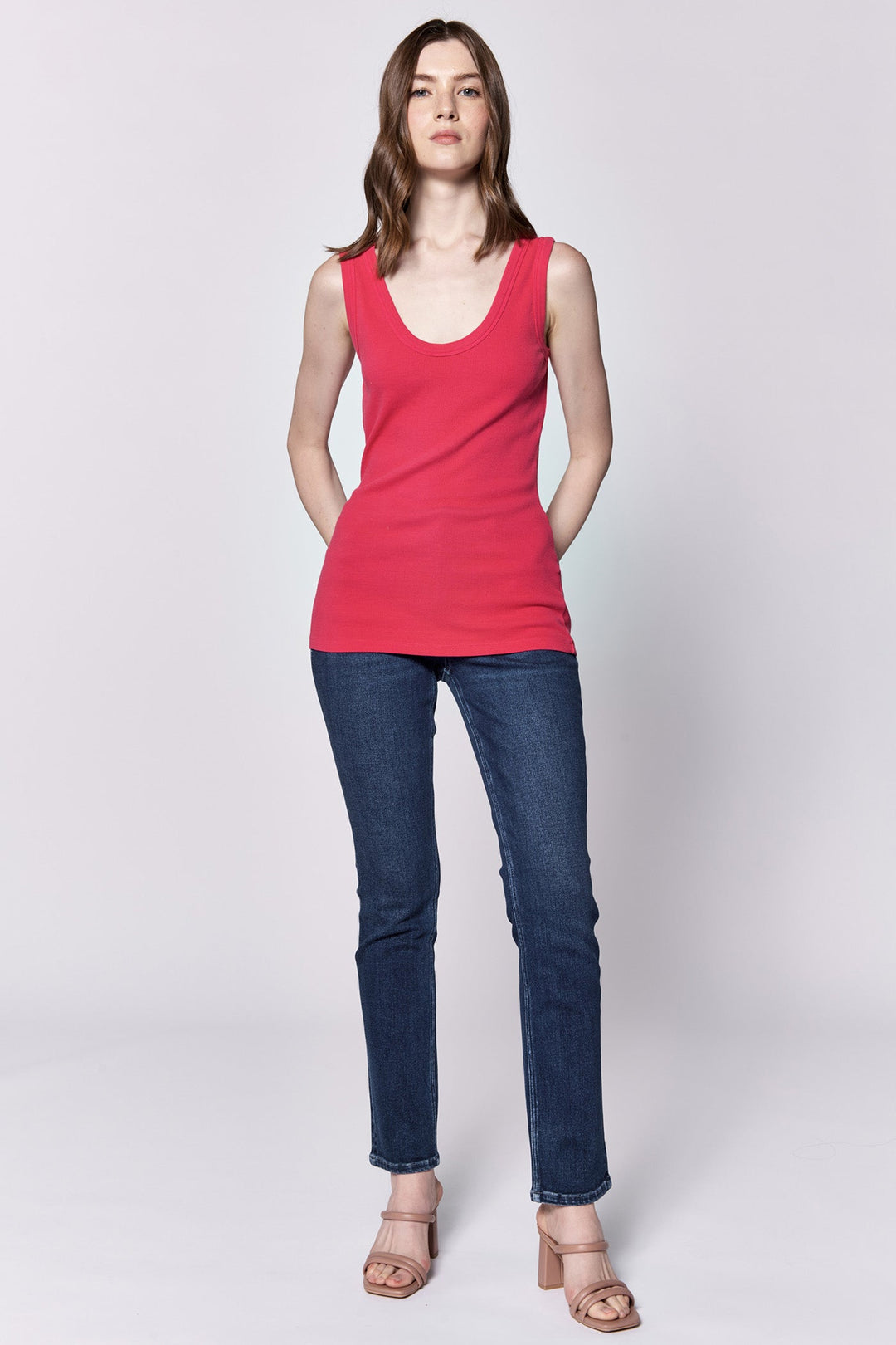 image of a female model wearing a PAULA SCOOP TANK RASPBERRY DEAR JOHN DENIM 