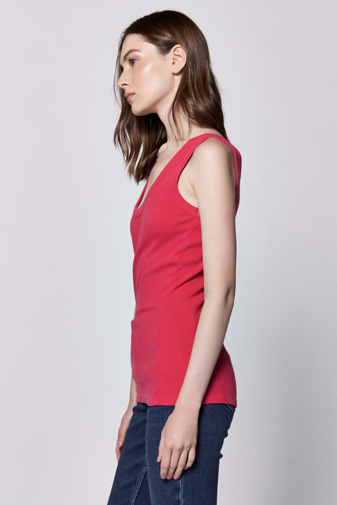 image of a female model wearing a PAULA SCOOP TANK RASPBERRY DEAR JOHN DENIM 