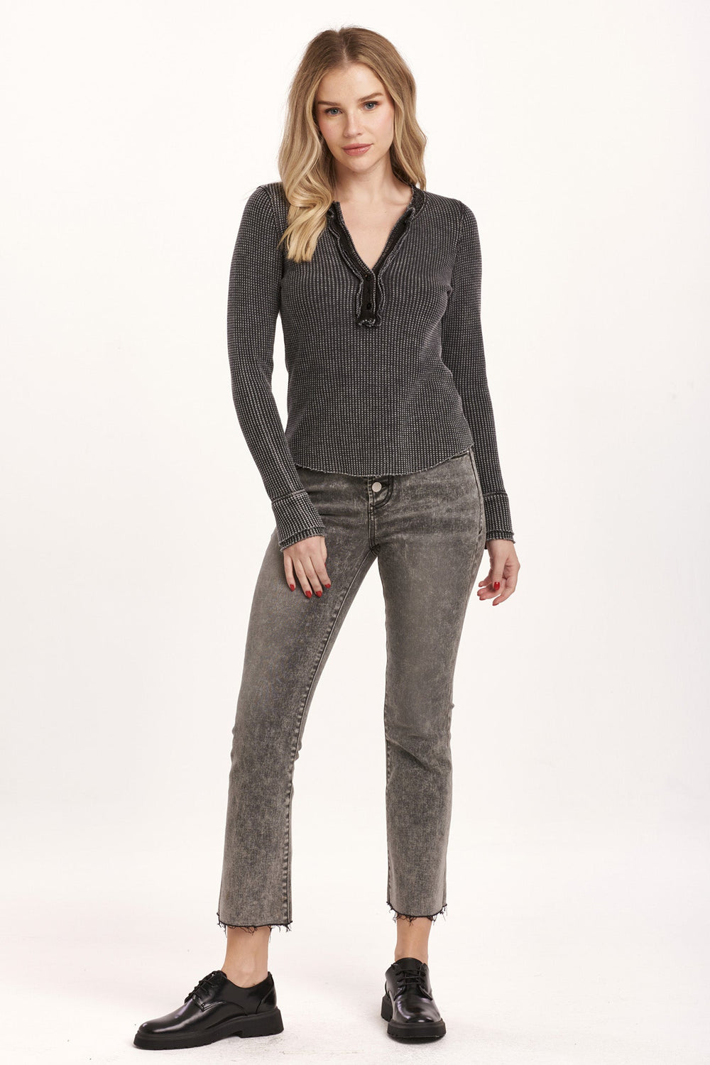 image of a female model wearing a LUNA THERMAL PLACKET TOP BLACK DEAR JOHN DENIM 