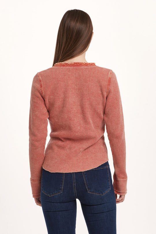 image of a female model wearing a LUNA THERMAL PLACKET TOP CRIMSON DEAR JOHN DENIM 