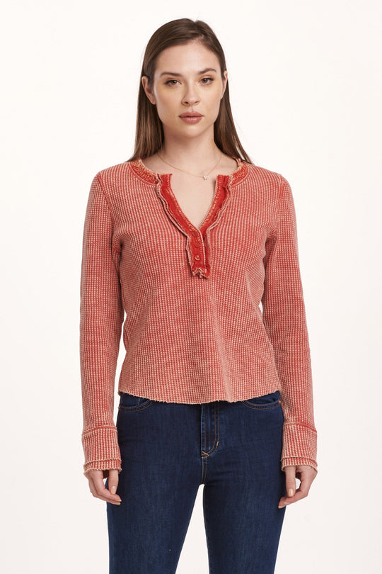 image of a female model wearing a LUNA THERMAL PLACKET TOP CRIMSON DEAR JOHN DENIM 