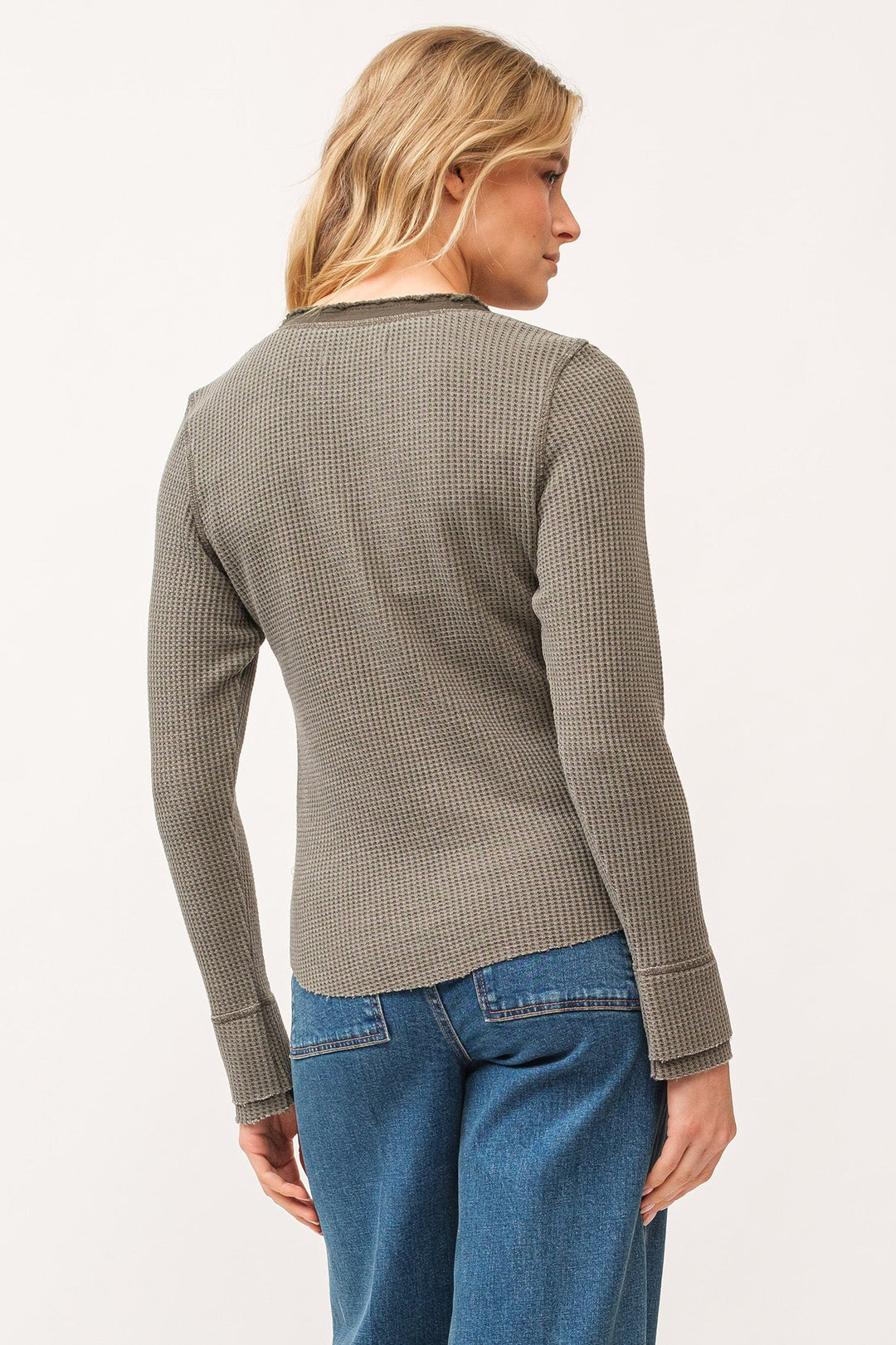 image of a female model wearing a LUNA V-NECK LONG SLEEVE FITTED TOP DARK OLIVE DEAR JOHN DENIM 