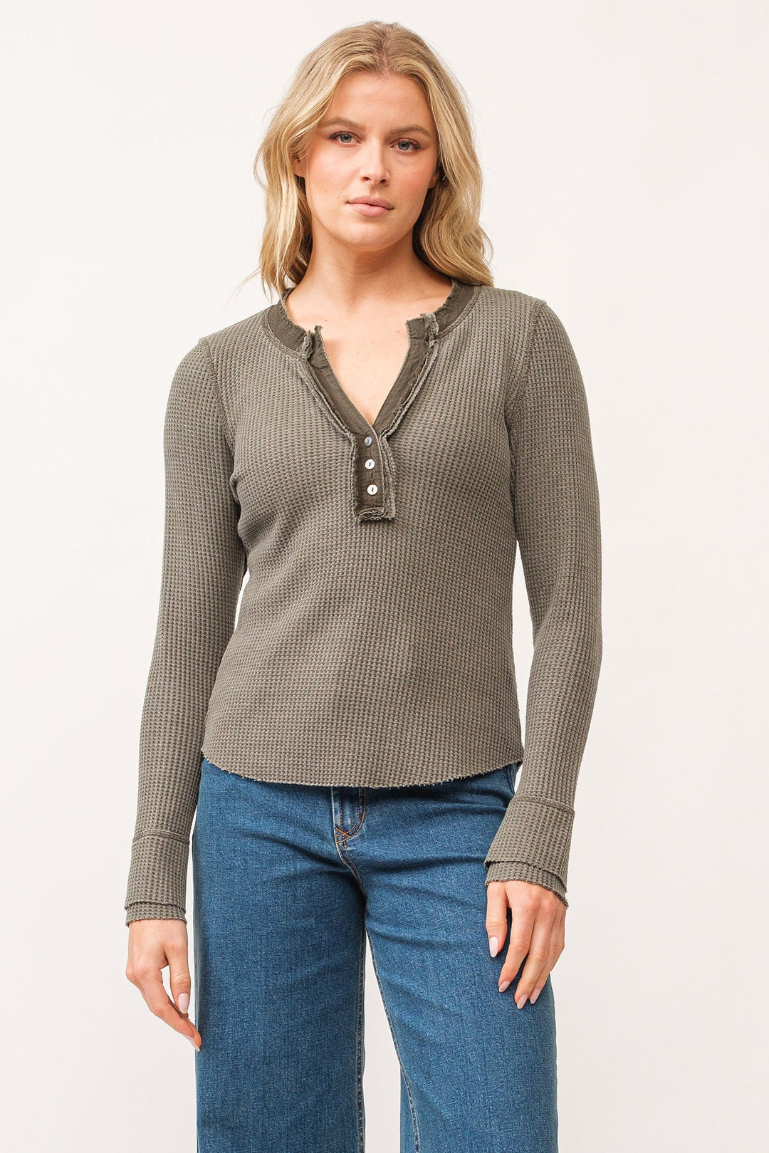 image of a female model wearing a LUNA V-NECK LONG SLEEVE FITTED TOP DARK OLIVE DEAR JOHN DENIM 