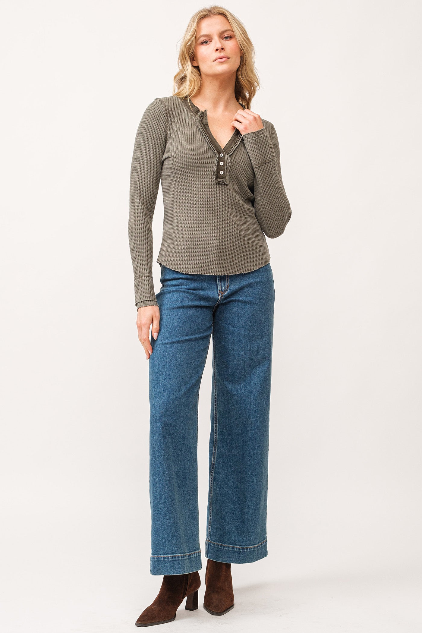 image of a female model wearing a LUNA V-NECK LONG SLEEVE FITTED TOP DARK OLIVE DEAR JOHN DENIM 