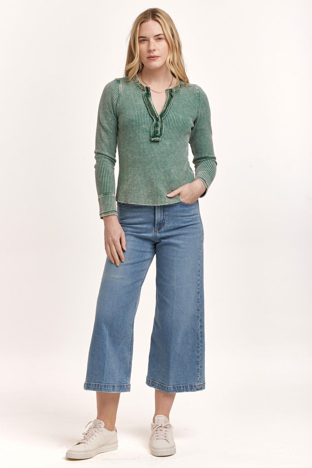 image of a female model wearing a LUNA THERMAL PLACKET TOP DARK MOSS DEAR JOHN DENIM 