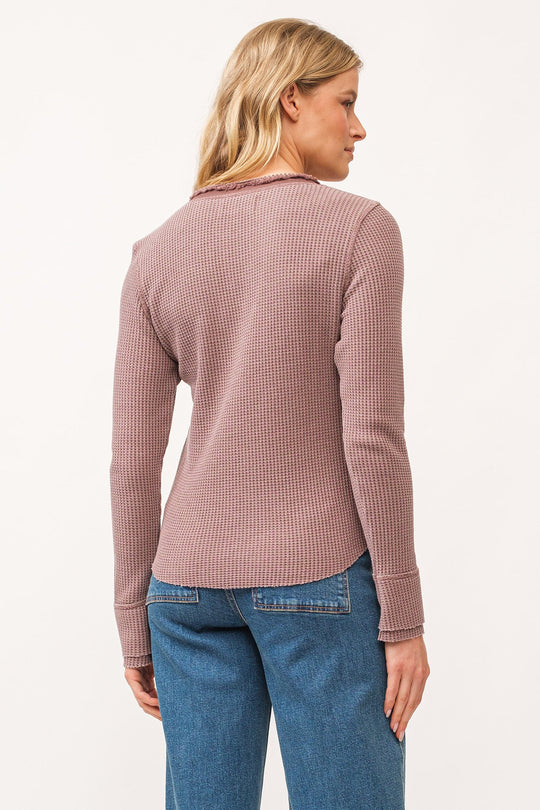 image of a female model wearing a LUNA V-NECK LONG SLEEVE FITTED TOP MARRON DEAR JOHN DENIM 