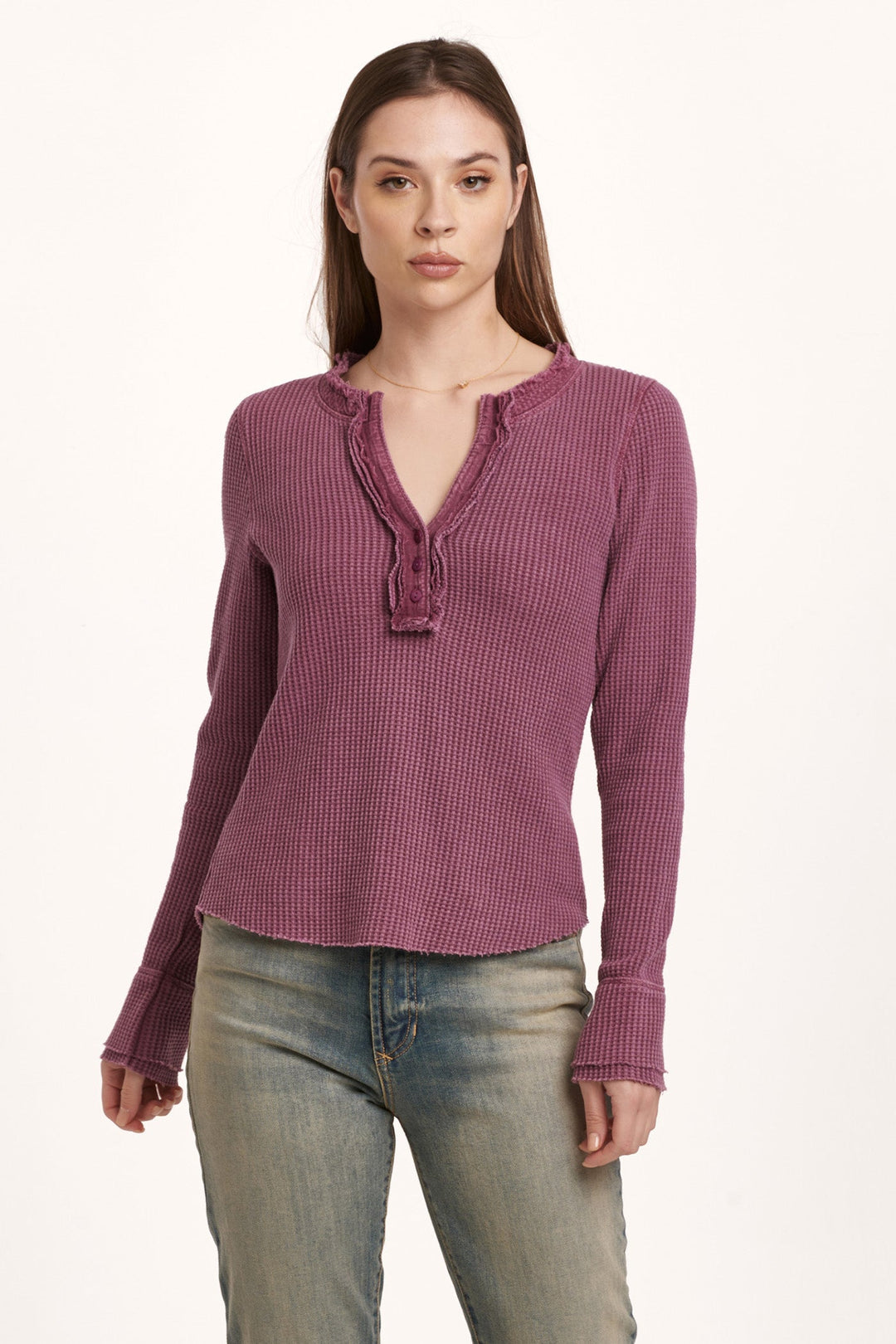 image of a female model wearing a LUNA THERMAL PLACKET TOP PLUM BERRY DEAR JOHN DENIM 