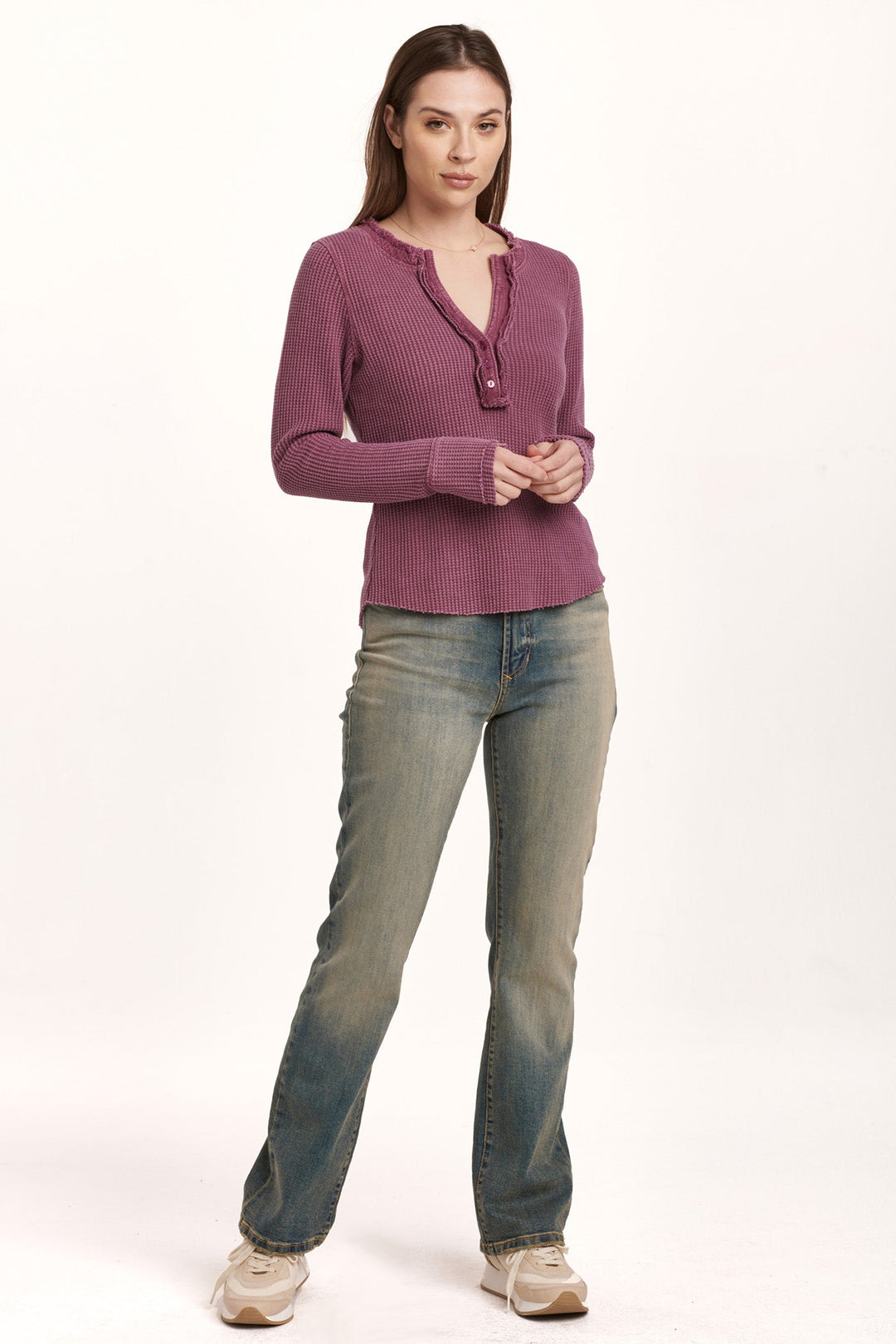 image of a female model wearing a LUNA THERMAL PLACKET TOP PLUM BERRY DEAR JOHN DENIM 