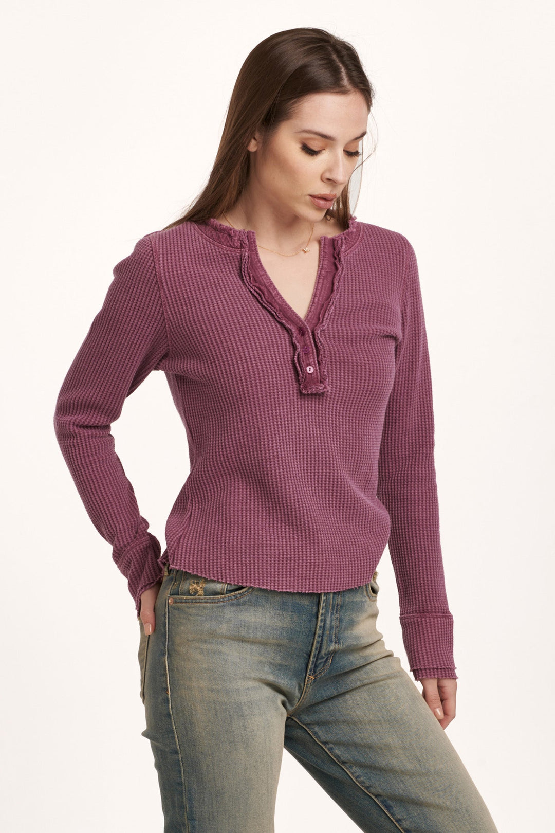 image of a female model wearing a LUNA THERMAL PLACKET TOP PLUM BERRY DEAR JOHN DENIM 