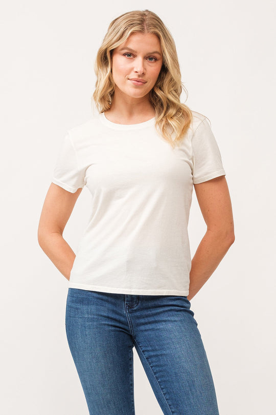 image of a female model wearing a UNITY CREW NECK SHORT SLEEVE RELAXED FIT TOP ANTIQUE WHITE DEAR JOHN DENIM 