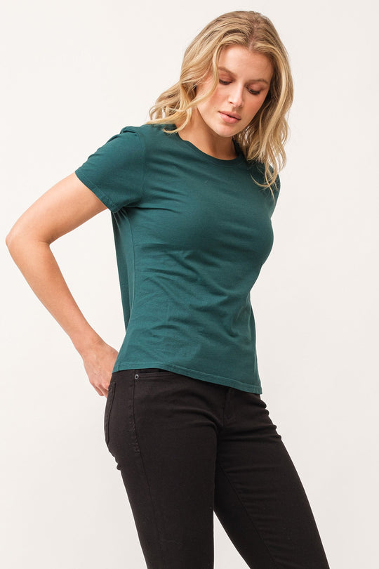 image of a female model wearing a UNITY CREW NECK SHORT SLEEVE RELAXED FIT TOP DEEP TEAL DEAR JOHN DENIM 