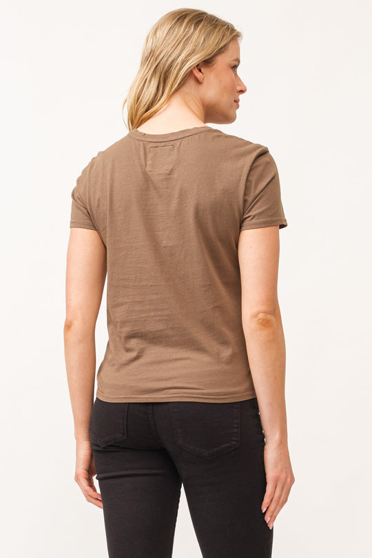 image of a female model wearing a UNITY CREW NECK SHORT SLEEVE RELAXED FIT TOP DARK OLIVE DEAR JOHN DENIM 