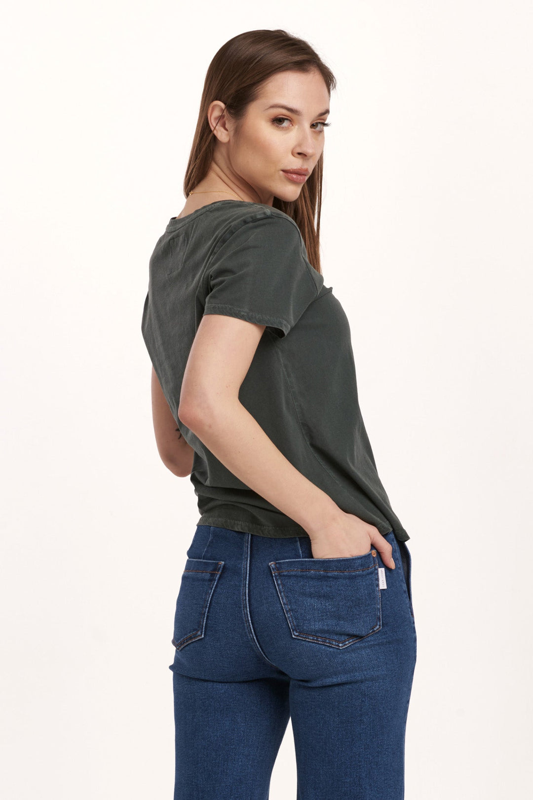 image of a female model wearing a UNITY SHORT SLEEVE JERSEY TEE DARK MOSS DEAR JOHN DENIM 