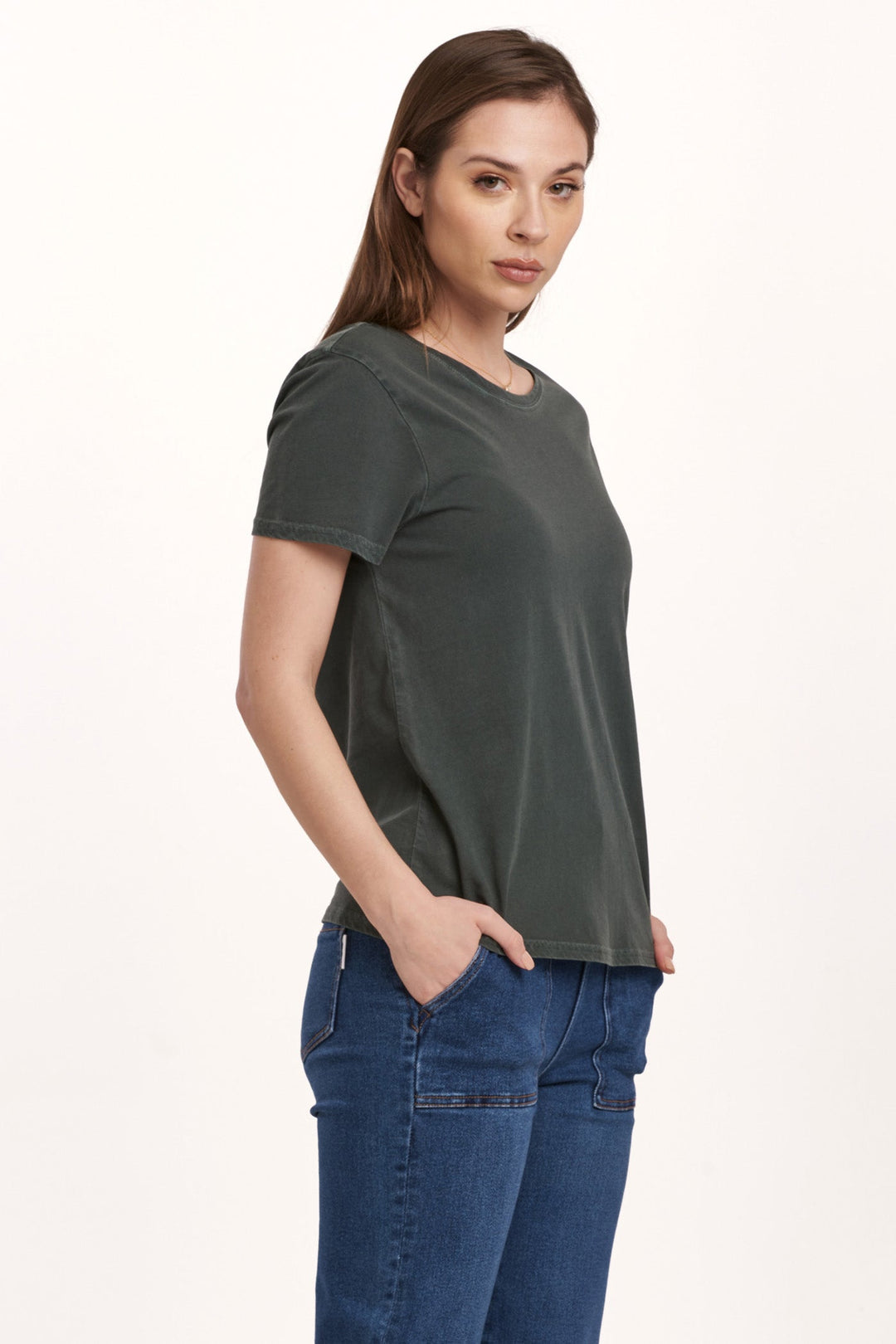 image of a female model wearing a UNITY SHORT SLEEVE JERSEY TEE DARK MOSS DEAR JOHN DENIM 