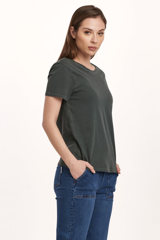 image of a female model wearing a UNITY SHORT SLEEVE JERSEY TEE DARK MOSS DEAR JOHN DENIM 