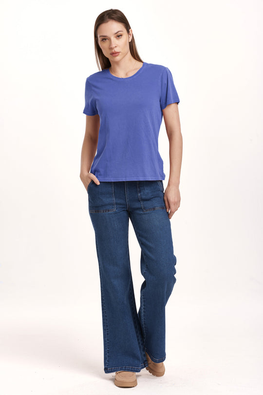 image of a female model wearing a UNITY SHORT SLEEVE JERSEY TEE BLUE LOLITE DEAR JOHN DENIM 