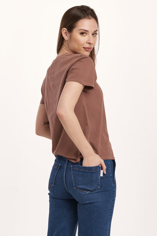 image of a female model wearing a UNITY SHORT SLEEVE JERSEY TEE NUTSHELL DEAR JOHN DENIM 