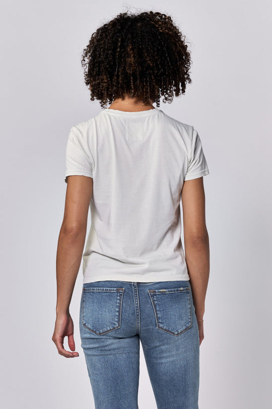 image of a female model wearing a UNITY CREW NECK SHORT SLEEVE RELAXED FIT TOP DAWN BLUE DEAR JOHN DENIM 