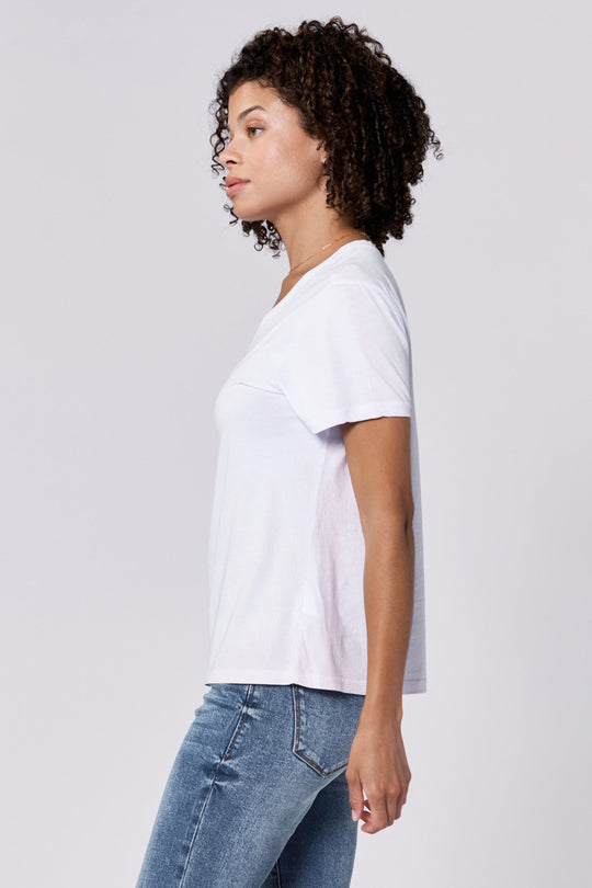 image of a female model wearing a UNITY CREW NECK SHORT SLEEVE RELAXED FIT TOP SKYWAY DEAR JOHN DENIM 