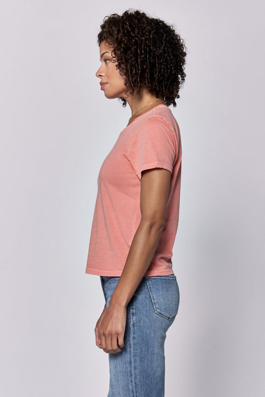 image of a female model wearing a UNITY CREW NECK SHORT SLEEVE RELAXED FIT TOP TERRACOTTA DEAR JOHN DENIM 