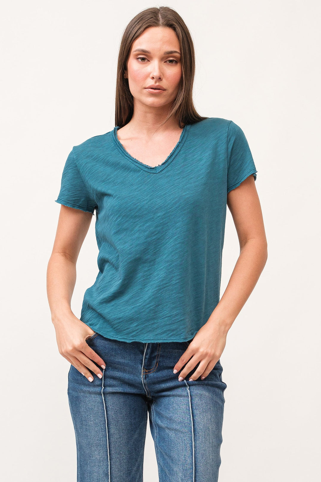 image of a female model wearing a VANYA V-NECK SHORT SLEEVE RELAXED FIT TOP DEEP TEAL DEAR JOHN DENIM 