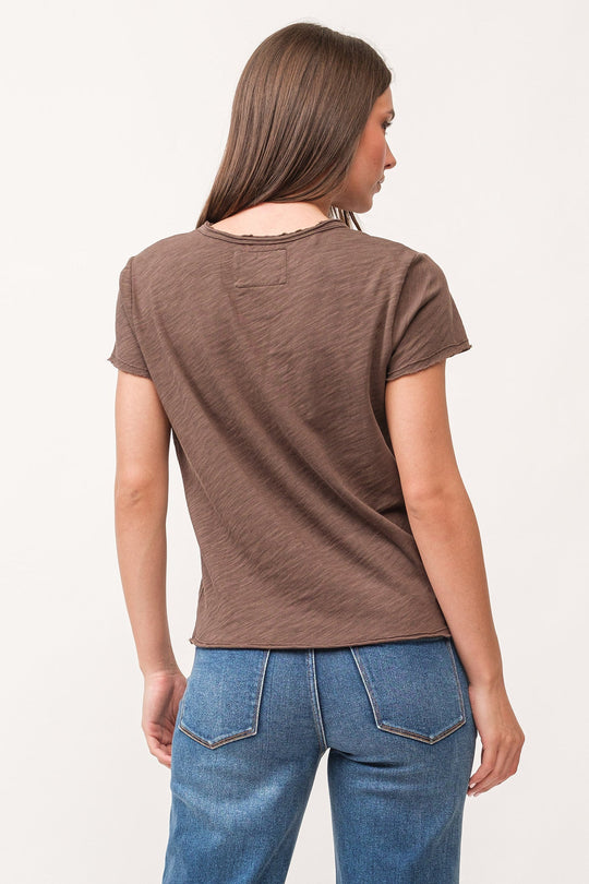 image of a female model wearing a VANYA V-NECK SHORT SLEEVE RELAXED FIT TOP DARK OLIVE DEAR JOHN DENIM 