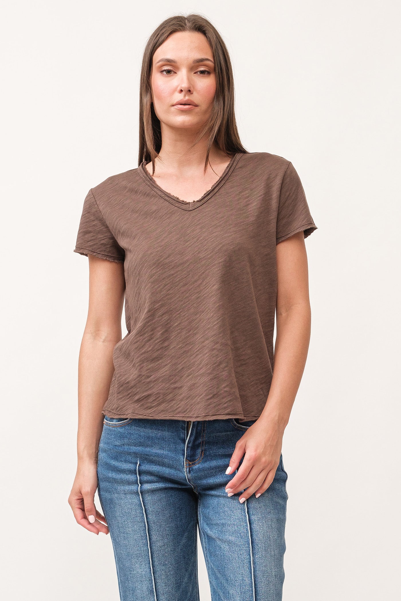 image of a female model wearing a VANYA V-NECK SHORT SLEEVE RELAXED FIT TOP DARK OLIVE DEAR JOHN DENIM 