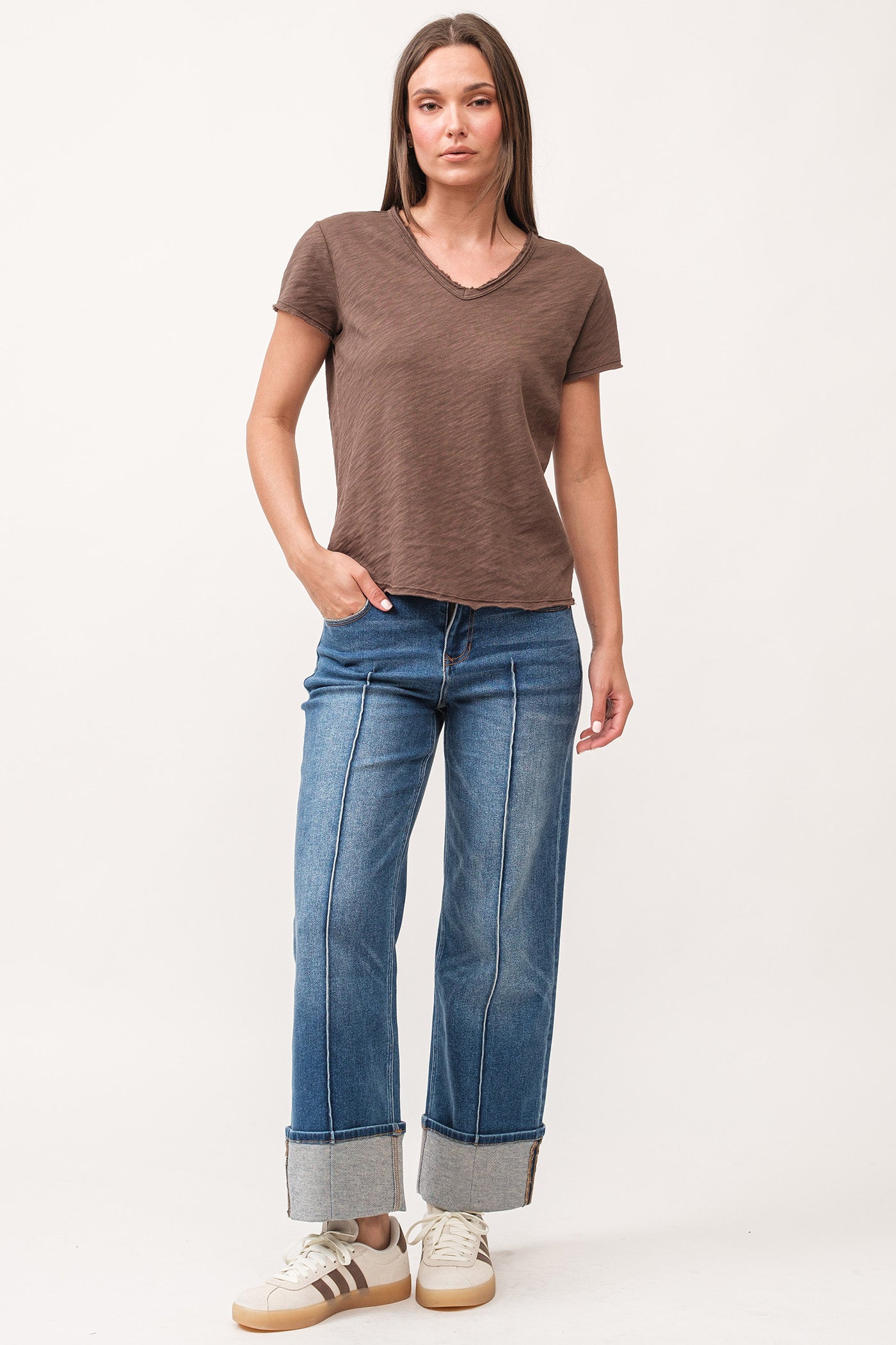 image of a female model wearing a VANYA V-NECK SHORT SLEEVE RELAXED FIT TOP DARK OLIVE DEAR JOHN DENIM 