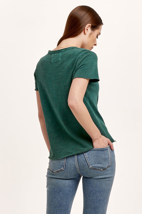 image of a female model wearing a VANYA SHORT SLEEVE SLUB TEE DARK MOSS DEAR JOHN DENIM 