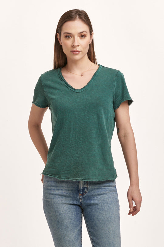 image of a female model wearing a VANYA SHORT SLEEVE SLUB TEE DARK MOSS DEAR JOHN DENIM 