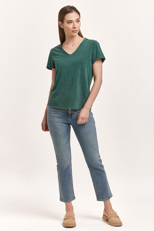 image of a female model wearing a VANYA SHORT SLEEVE SLUB TEE DARK MOSS DEAR JOHN DENIM 