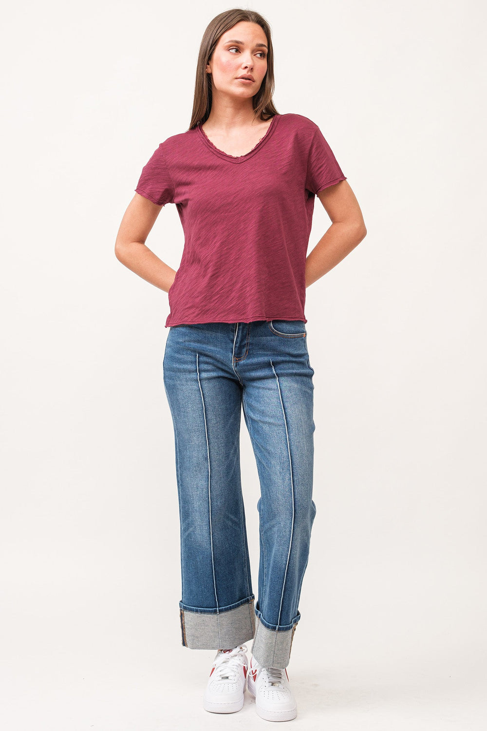 image of a female model wearing a VANYA V-NECK SHORT SLEEVE RELAXED FIT TOP POMEGRANATE DEAR JOHN DENIM 