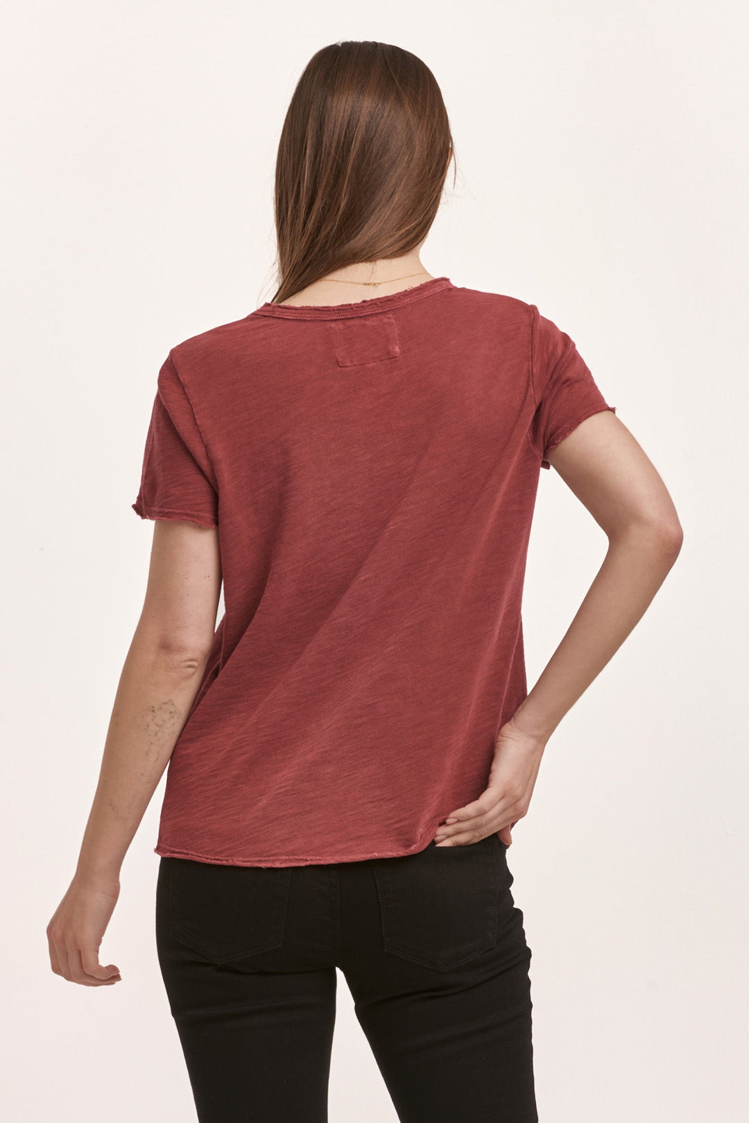 image of a female model wearing a VANYA SHORT SLEEVE SLUB TEE PLUM BERRY DEAR JOHN DENIM 